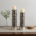 Set Of Two Espresso and Silver Pillar Tabletop Pillar Candle Holders