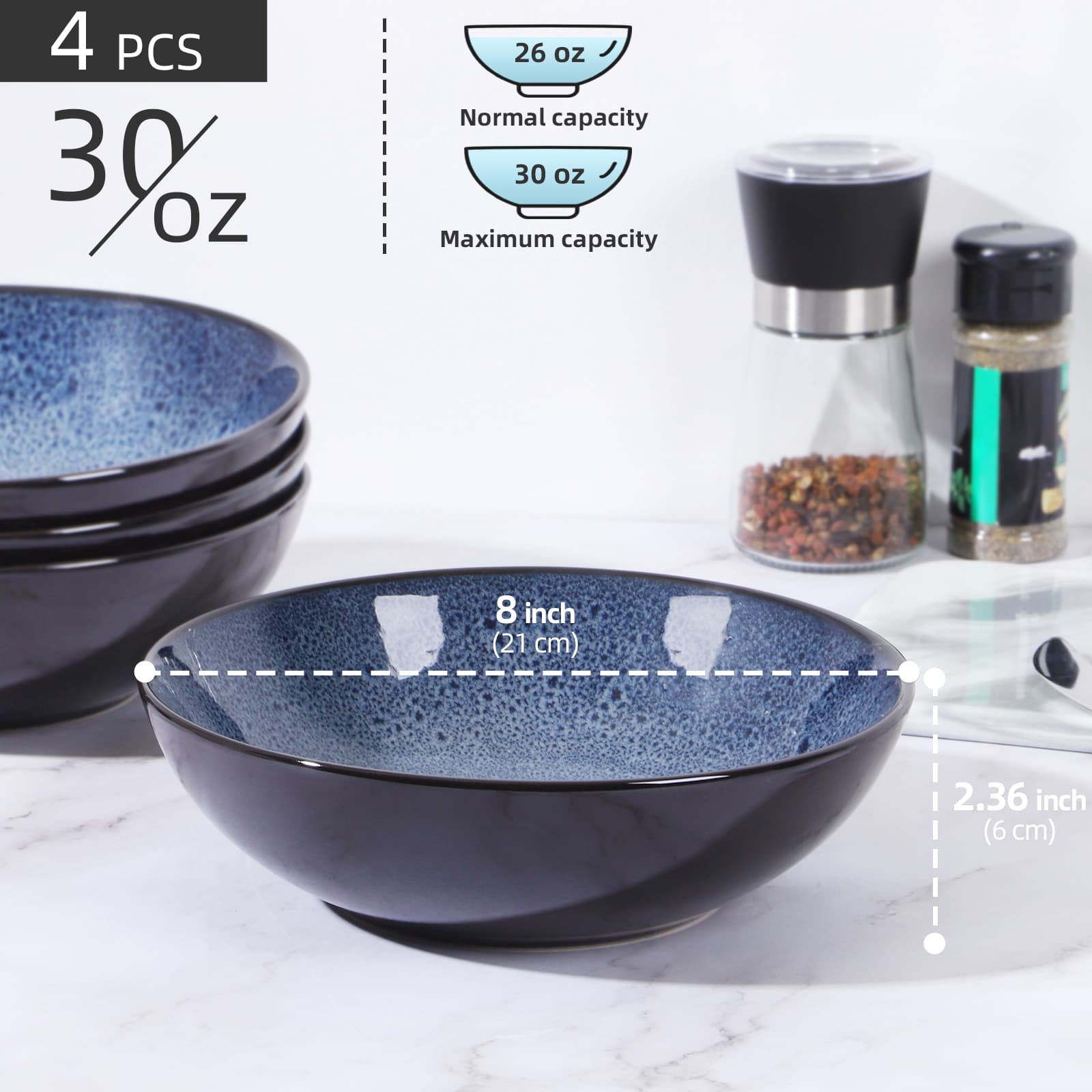 Peacock Blue Ceramic Bowls, Set of 4, 30oz